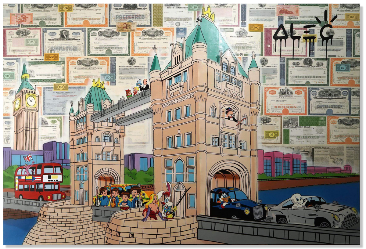 Characters and Cars Crossing London Bridge