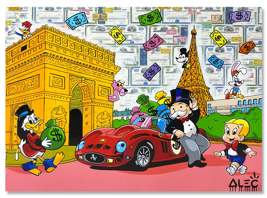 Monopoly Red Car Parked with $ Team and Characters in Paris