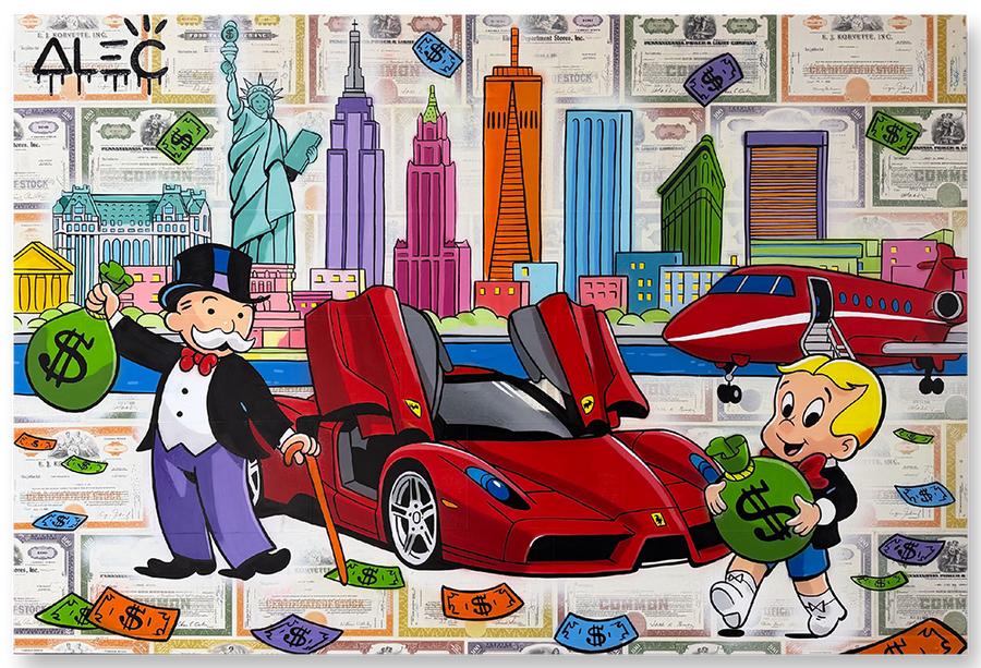 Monopoly and Richie Red Car Butterly Doors and Jet NYC Skyline